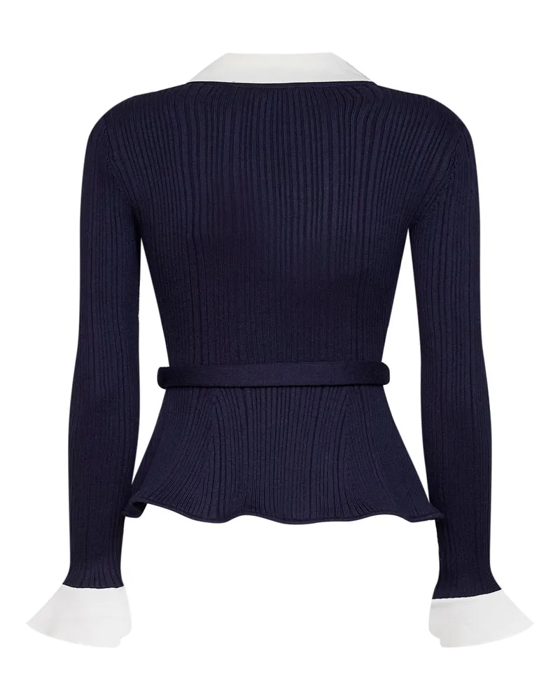 Self-Portrait Women's Cardigan Belted Ribbed Blue Polyamide Cardigans Sweater Navy