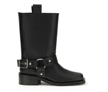 Buckled Strap Block-Heel Biker Boot — Black