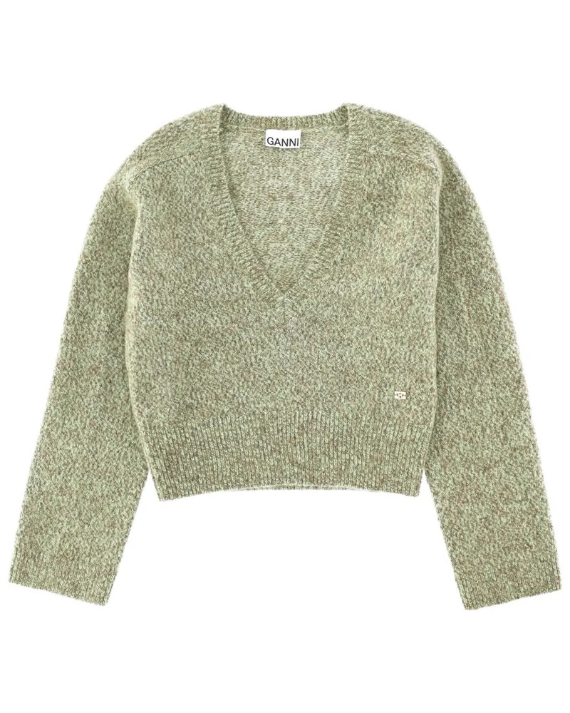 Ganni Wool-Blend V-Neck Sweater — Green Green