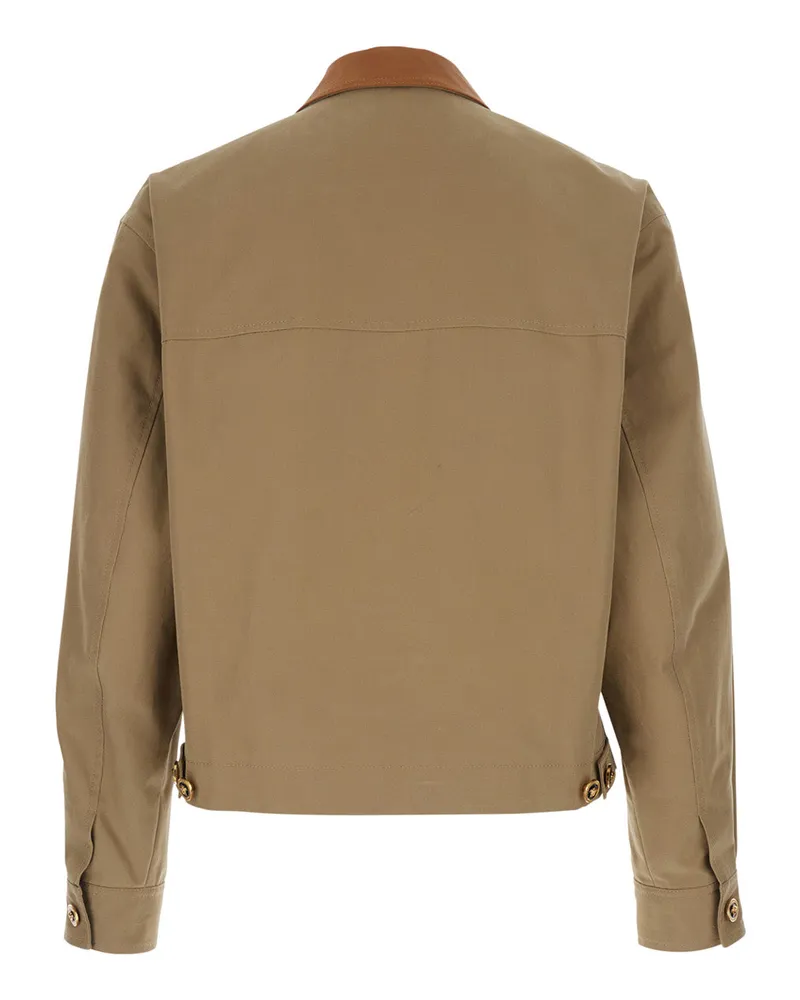 Versace Men's Jacket With Leather Collar, Beige Cotton Coat Beige