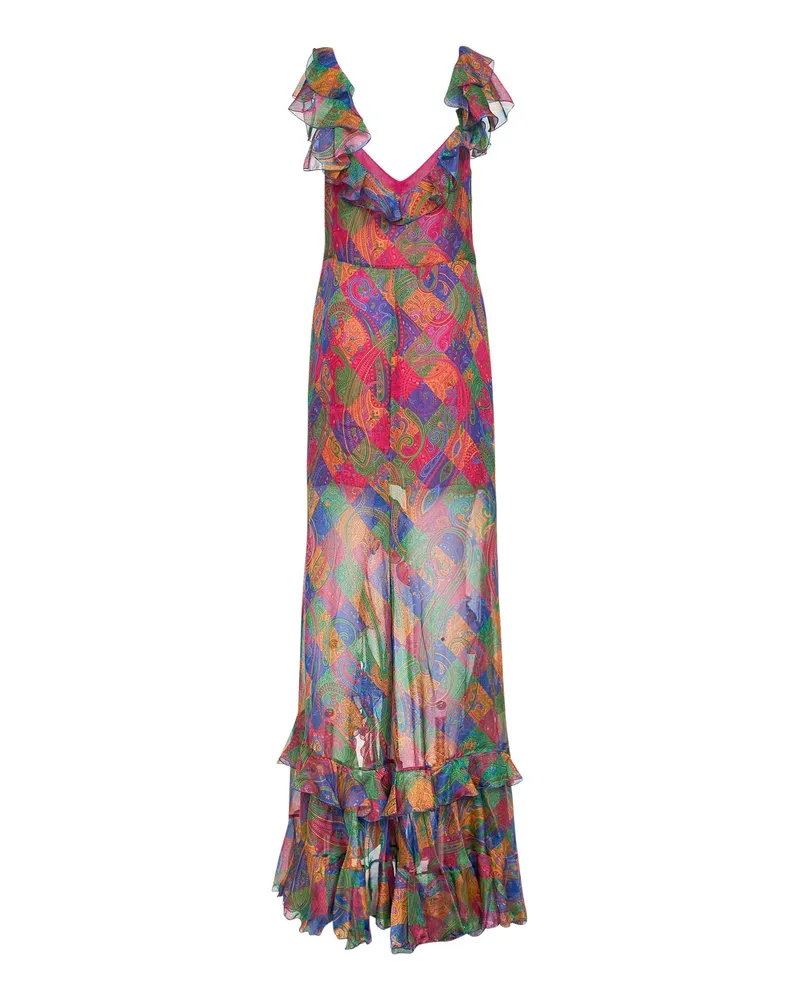 Etro Women's Geometric Paisley Pattern Silk Chiffon Maxi Dress Multicolor