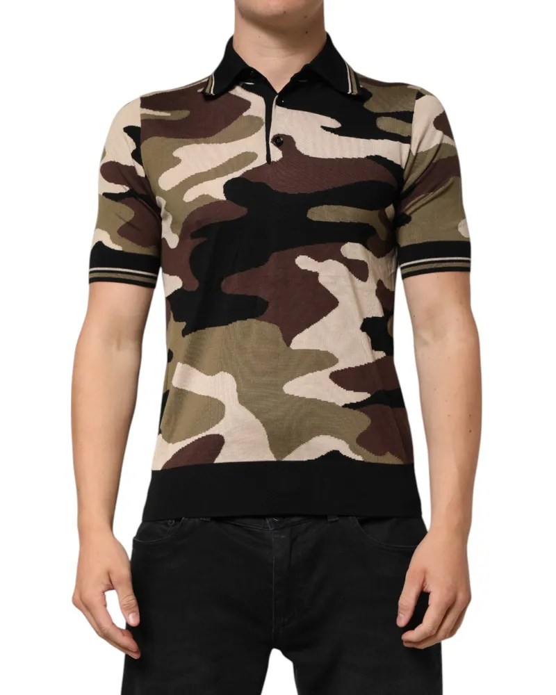 Dolce & Gabbana Men Camouflage Brown Silk Militarypolo T-Shirt Brown