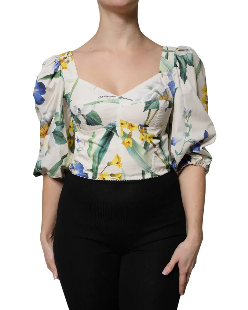 Dolce & Gabbana Women's White Floral Puff Sleeves Crop Blouse Top Cotton White