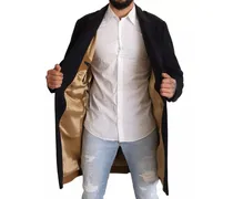 Men Blue Trench Coat Long Wool Stretch Jacket Clothing