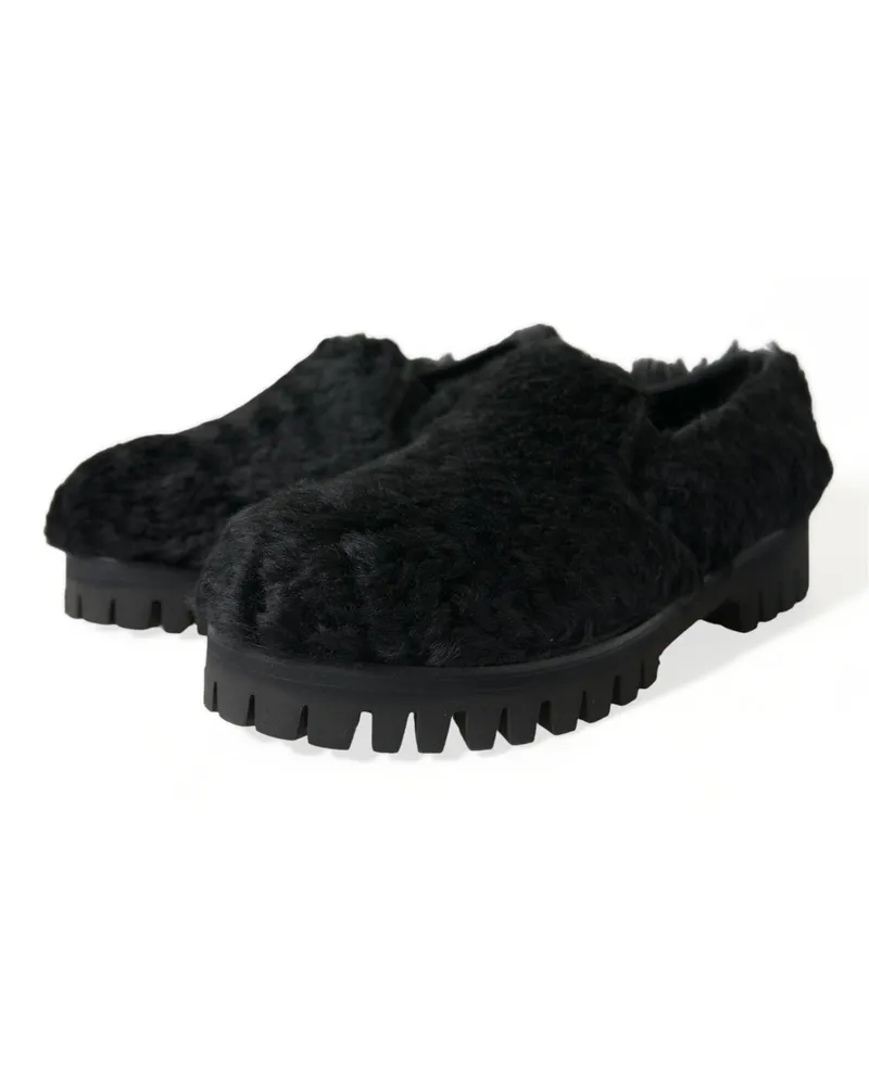 Dolce & Gabbana Men's Black Fur Leather Slippers Dress Shoes Lamb Black