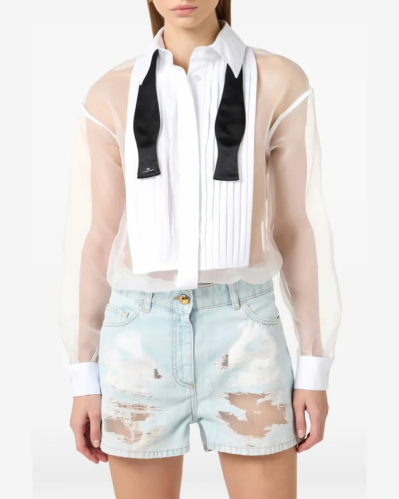 Elisabetta Franchi Distressed Denim Cropped Pant Suit — Ivory Ivory