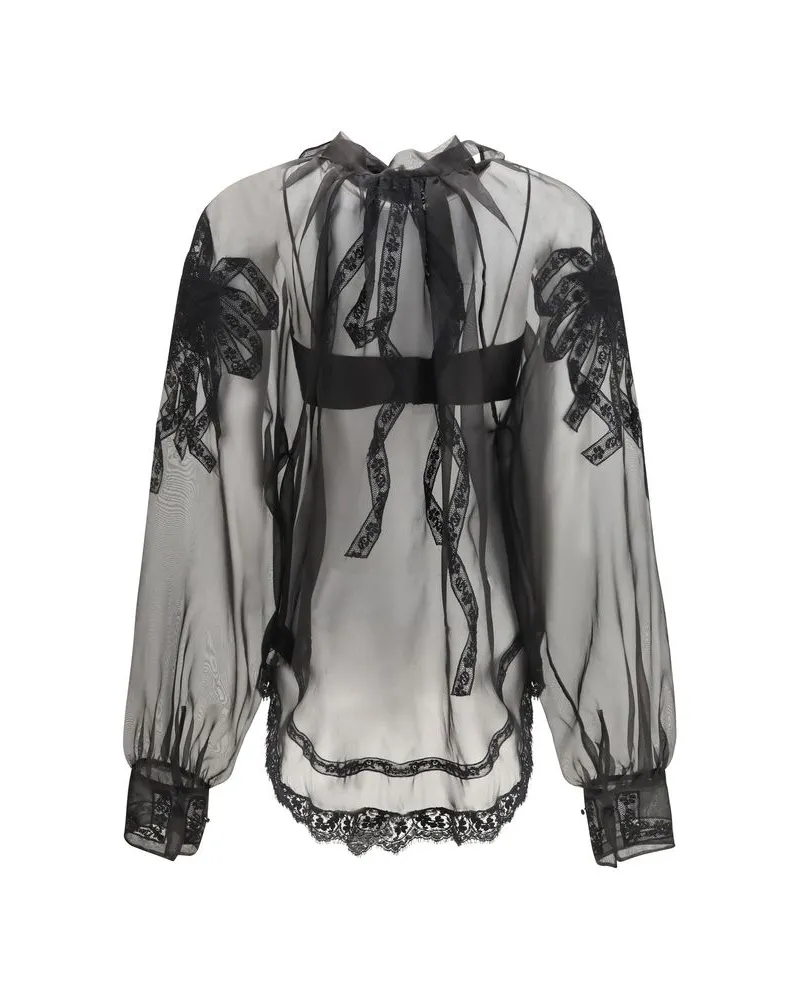 Ermanno Scervino Lace and Bow-Tie Detail Silk Blouse — Black Black