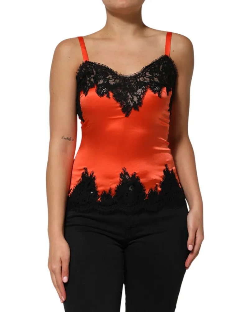Dolce & Gabbana Women Red Black Lace Trim Silk Sleeveless Tank Top And Cotton Elastane Nylon Red