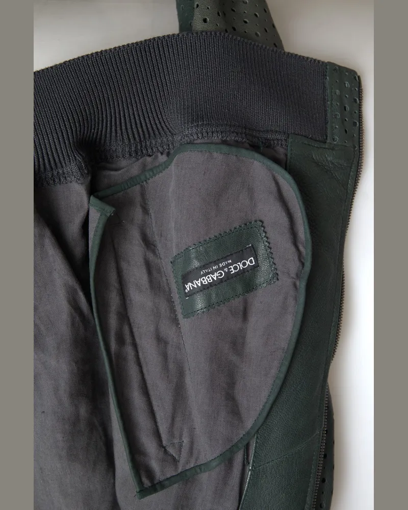 Dolce & Gabbana Men's Green Perforated Leather Bomber Jacket Goatskin Clothing Green
