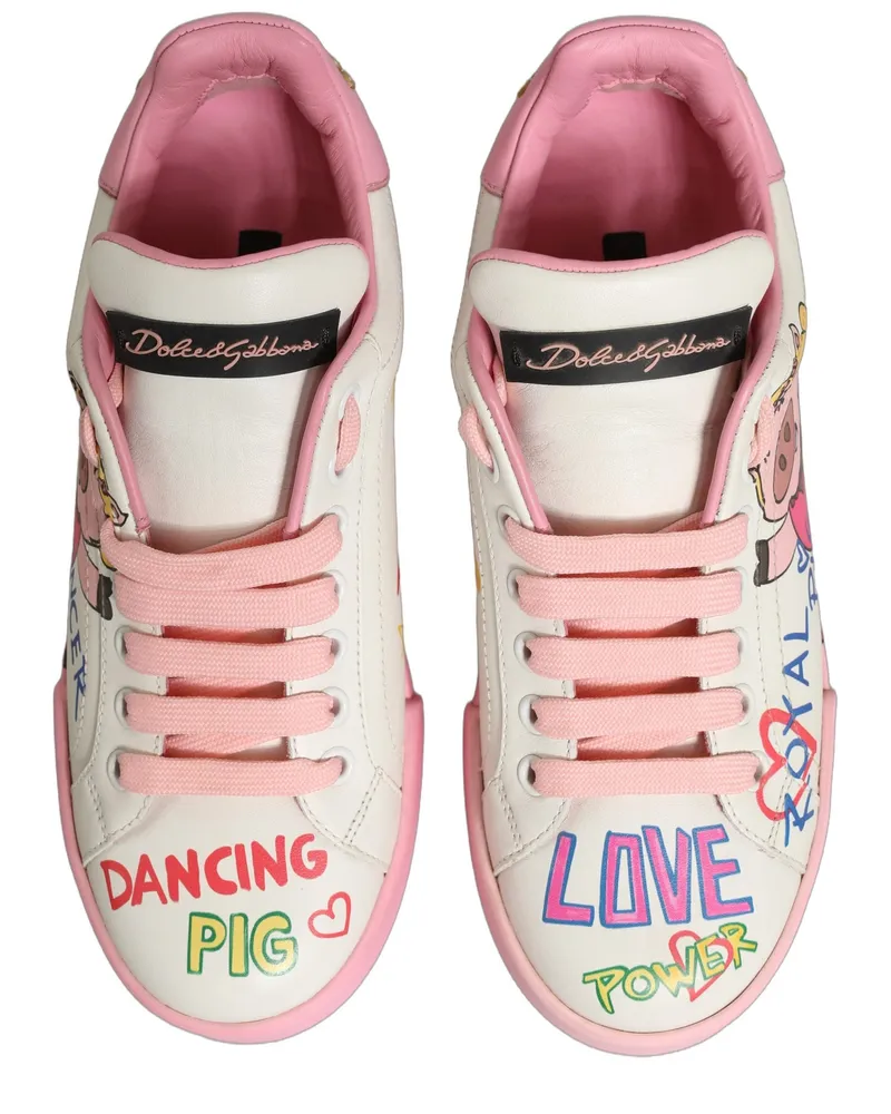 Dolce & Gabbana Men's White Pink Portofino Royal Pig Sneakers Shoes Calf Leather White