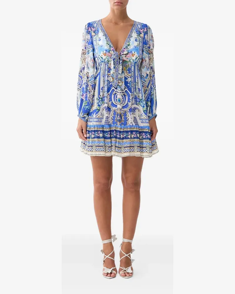 Camilla Women Ottoman Opulence V-Neck Mini Dress Ss26 W Blue