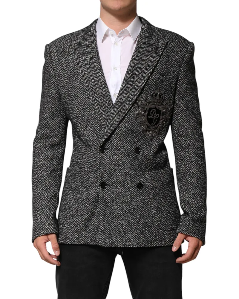 Dolce & Gabbana Black White Double Breasted Men Suit Blazer And Wool Cotton Black