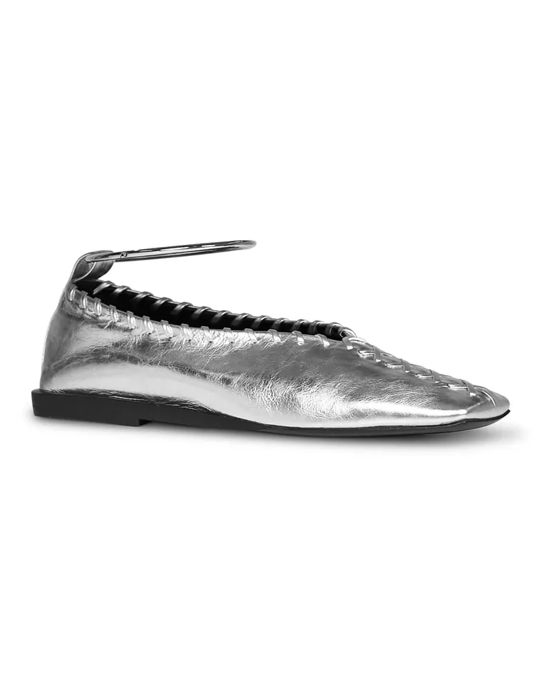 Jil Sander Women's Ballet Flats Laminated Silver Leather Polyamide Ballerina Shoes Silver
