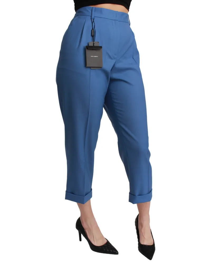 Dolce & Gabbana Women's Blue Pleated Wool Cuffed Cropped Trouser Pants Virgin Elastane Blue