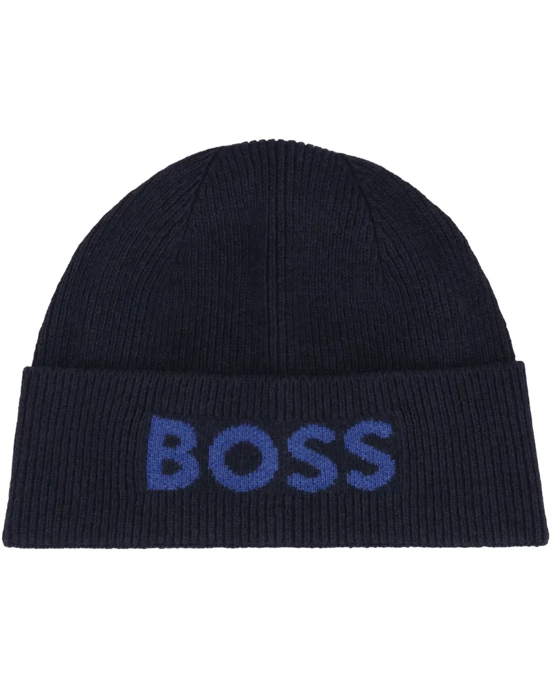 HUGO BOSS Men's Boss Knit Cap With Logo Blue Other Fibers Hat Navy
