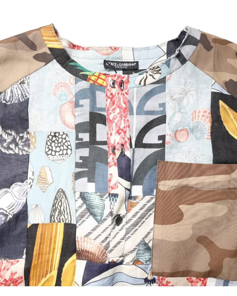 Dolce & Gabbana Men's Multicolor Patchwork Short Sleeves Shirt Flax Cotton Silk Multicolor
