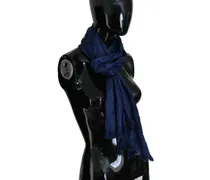 Women's Blue Silk Shawl Foulard Fringes Scarf