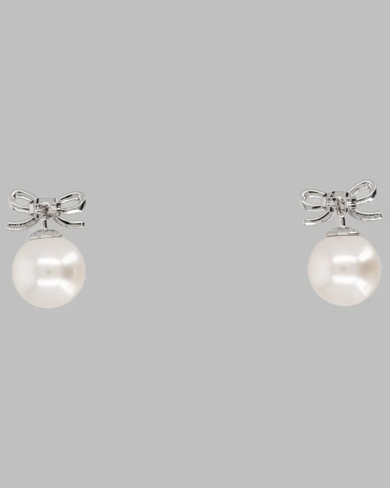 Self-Portrait Crystal Bow and Pearl Drop Earrings — Silver Silver