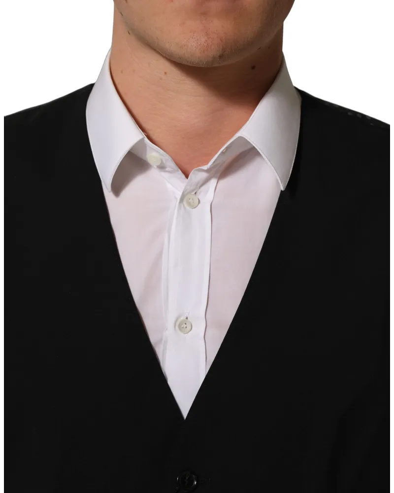 Dolce & Gabbana Men's Black Wool Stretch Waistcoat Formal Dress Vest Virgin Elastane Black