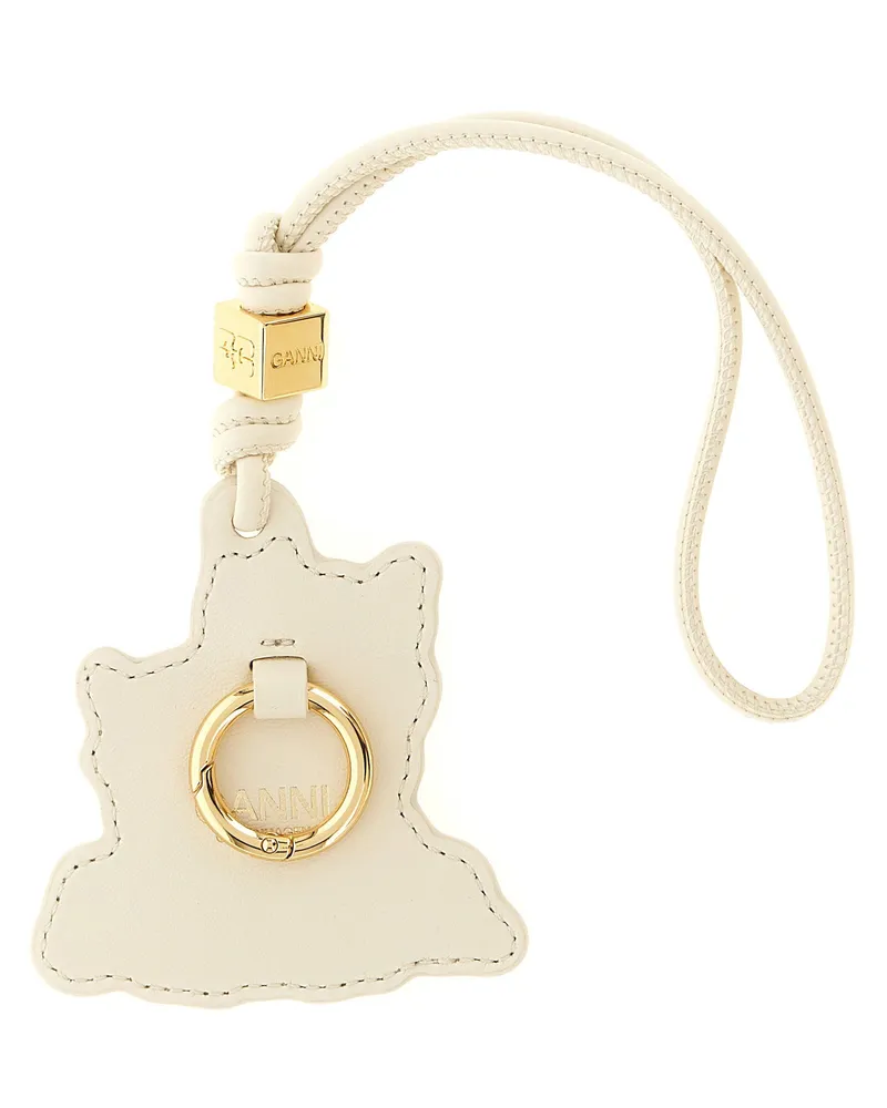 Ganni Pony-Embroidered Leather Key Case — Cream Cream