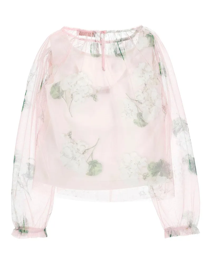 Monnalisa Girls' Tulle Top Floral Motif Pink Cotton Tops Pink