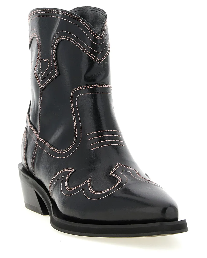 Ganni Embroidered Western Ankle Boot — Black Black