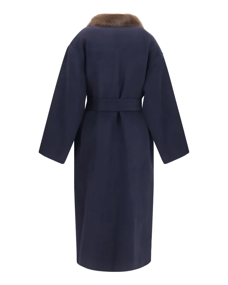 P.A.R.O.S.H. Women's Wool Coat With Fur Collar Blue Merino (ovis Aries Blue