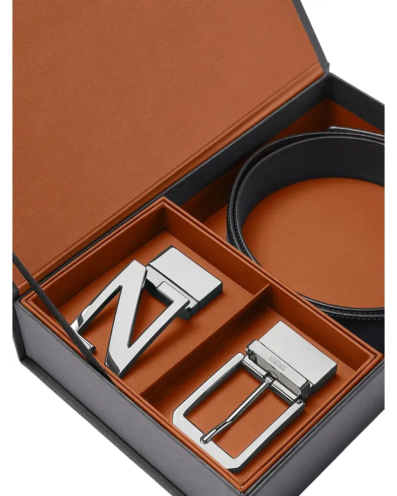 Ermenegildo Zegna Reversible Hand-Buffed Calf Leather Belt — Black Black