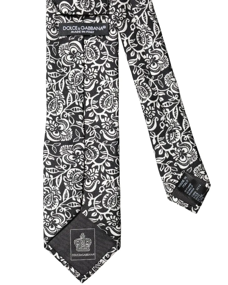 Dolce & Gabbana Men's Black White Floral Fantasy Silk Adjustable Necktie Tie And Black