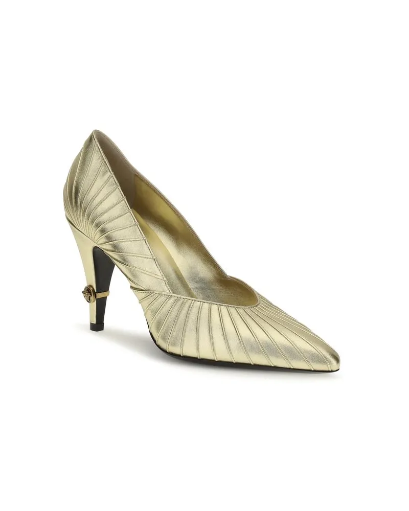 Versace Women's Gold Calf Leather Bos Taurus High Heel Pumps Gold