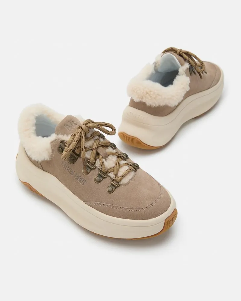 Moon Boot Shearling-Trimmed Hiking Boot Sneaker — Beige Beige