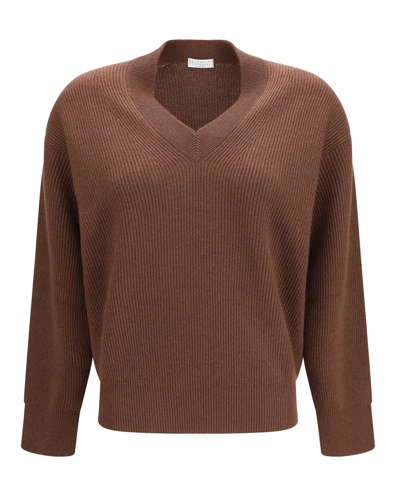 Brunello Cucinelli Cashmere V-Neck Sweater — Brown Brown