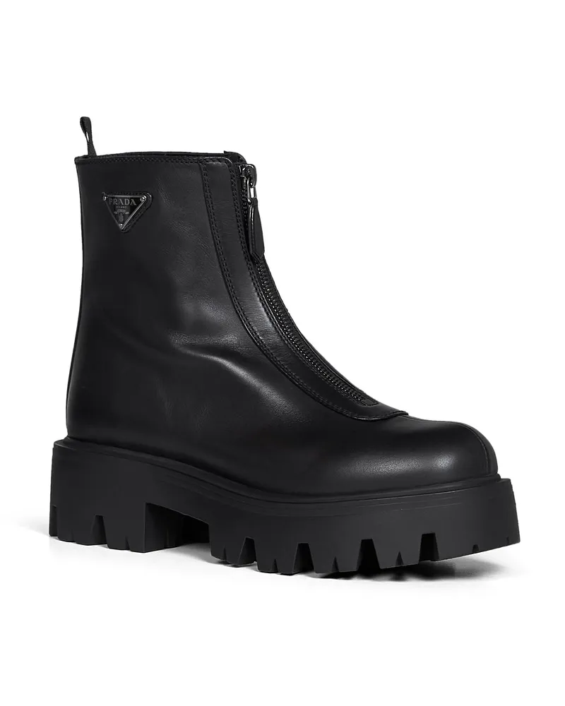 Prada Zip-Up Leather Ankle Boot — Black Black