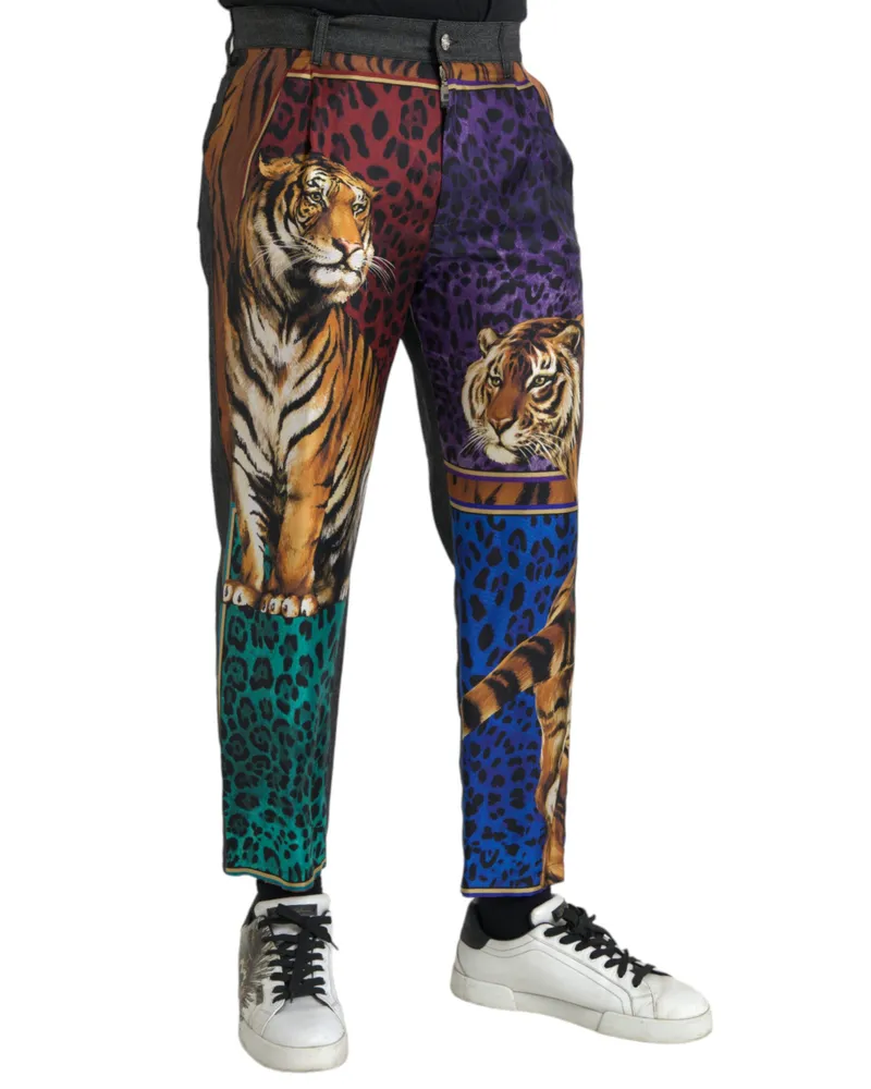 Dolce & Gabbana Men's Multicolor Tiger Leopard Cotton Loose Tapered Pants Silk Elastane Multicolor