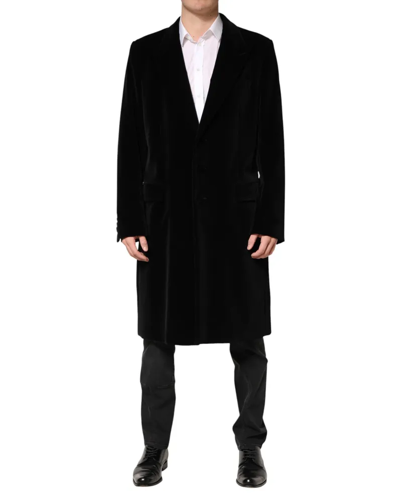 Dolce & Gabbana Men's Black Cotton Velvet Long Trench Coat Jacket Clothing Black