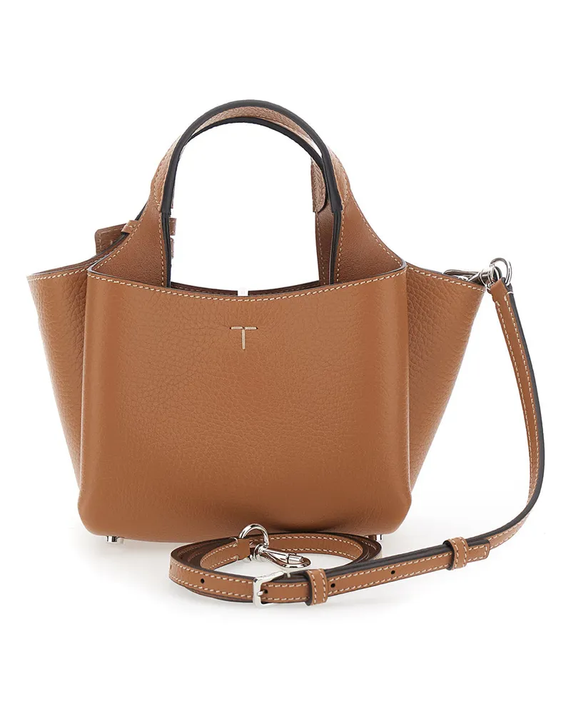 TOD'S Women's Handbag Grained Leather, Brown Calfskin Leather Handbags Hand Bags Brown