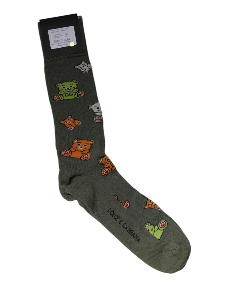 Dolce & Gabbana Men's Green Nylon Dg Bear Printed Mid Calf Socks Cotton Elastane Clothing Gray