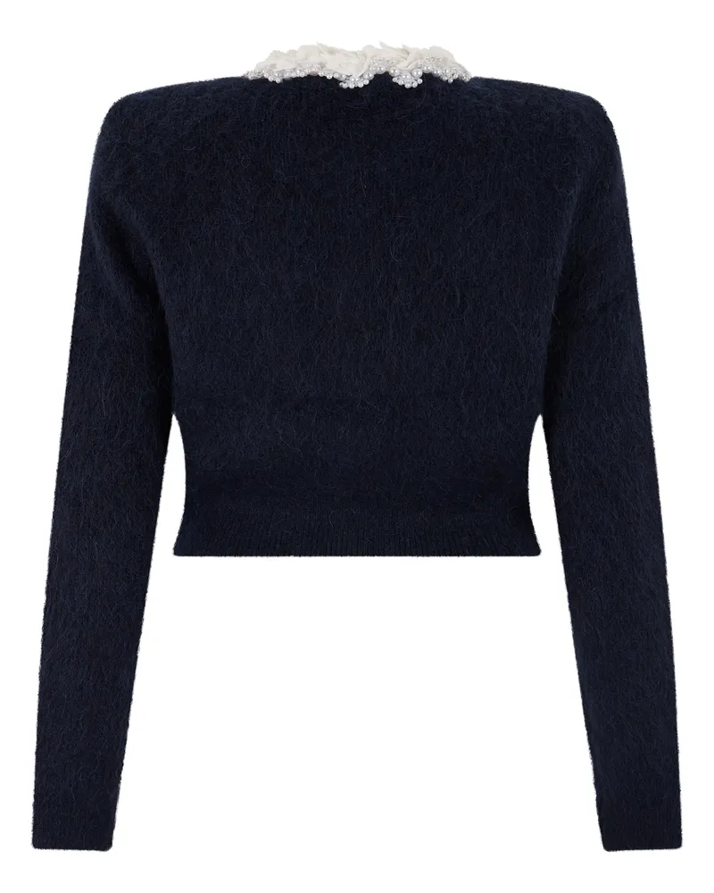 Self-Portrait Floral Appliqué and Bead-Embellished Cardigan — Navy Navy