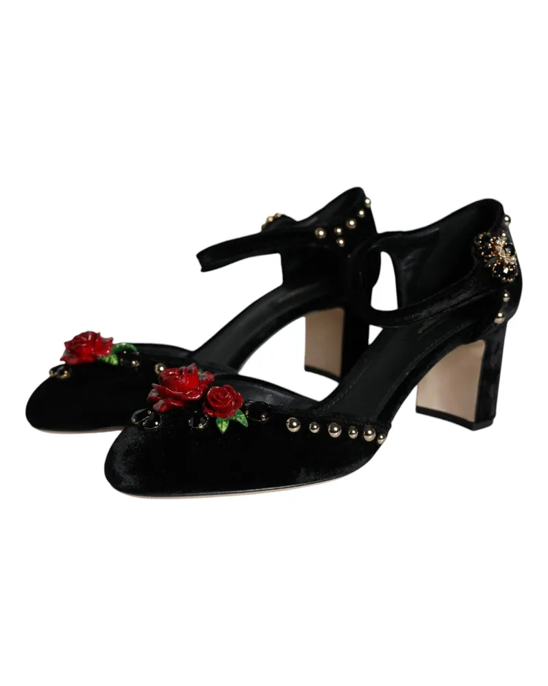 Dolce & Gabbana Women's Black Velvet Roses Ankle Strap Pumps Shoes Viscose Silk Black