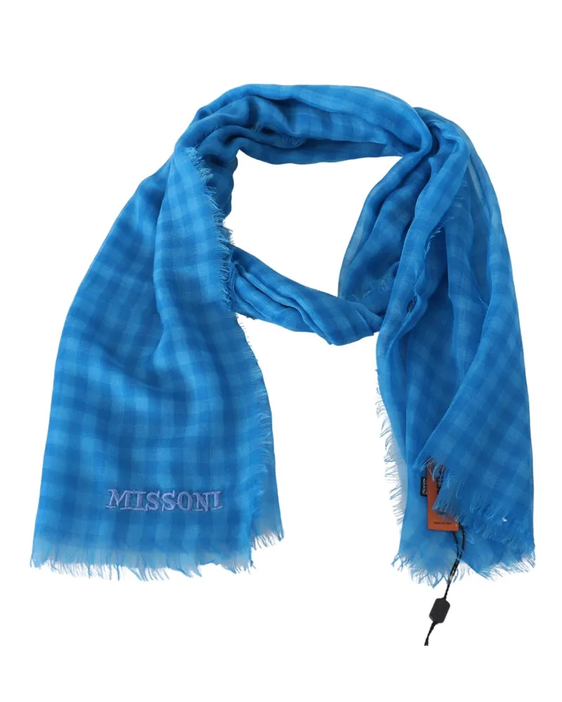 Missoni Men's Blue Checkered Cashmere Unisex Wrap Fringes Scarf Blue