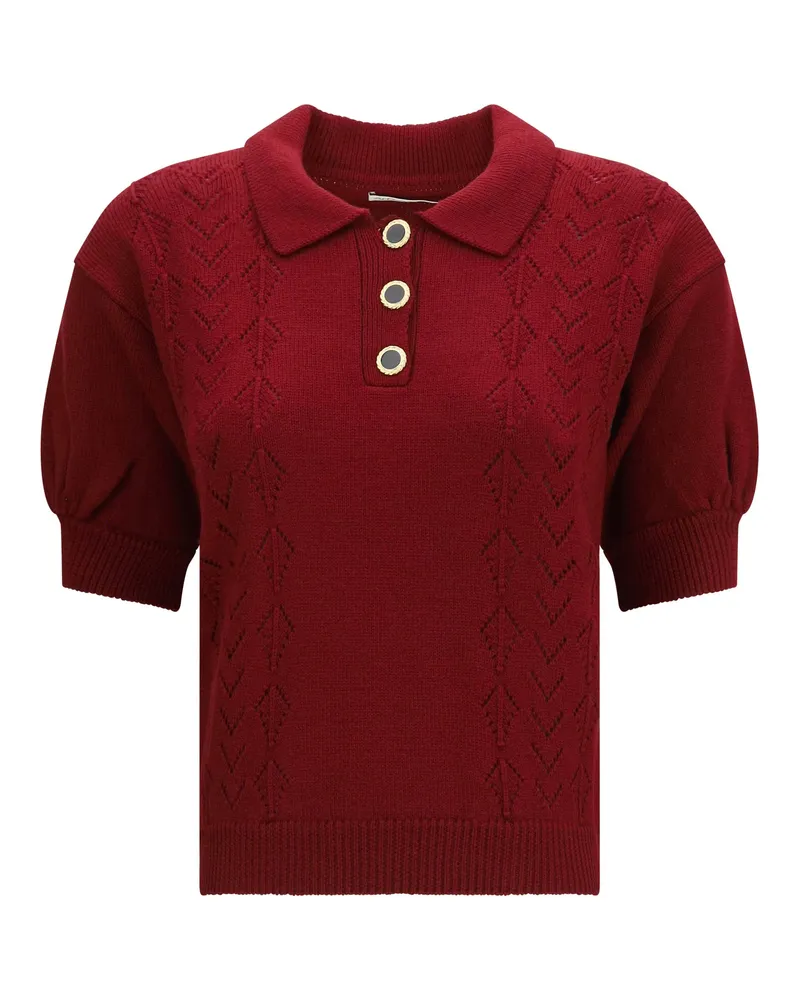 Alessandra Rich Merino Wool Puff-Sleeve Polo Shirt — Red Red