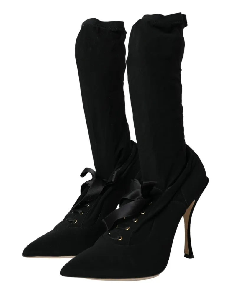 Dolce & Gabbana Women's Lace-Up Stiletto Heeled Boot Black Fabric Black