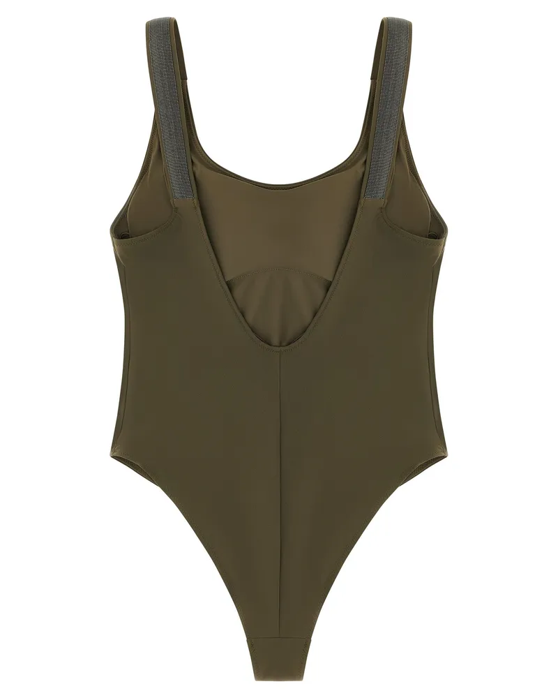 Brunello Cucinelli Monile Precious Details One-Piece Swimsuit — Olive Olive