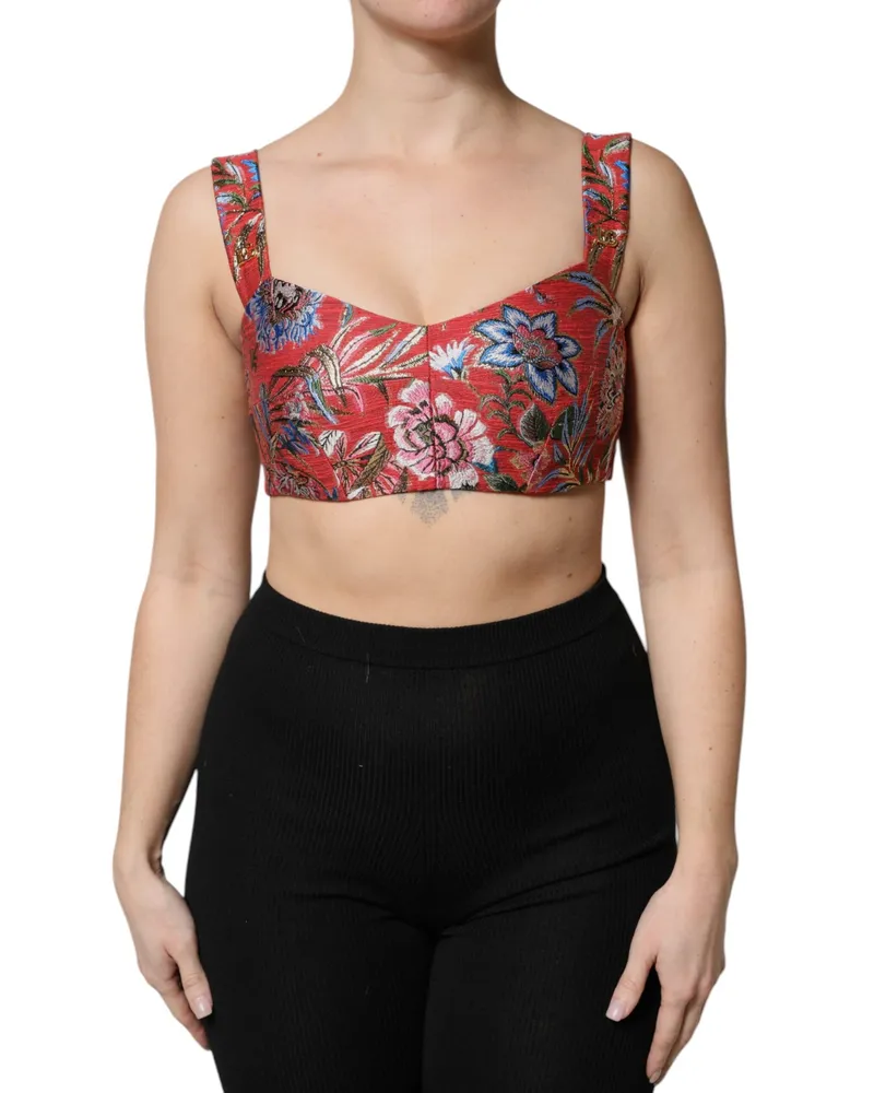 Dolce & Gabbana Women's Red Floral Brocade Cropped Bustier Corset Top Red
