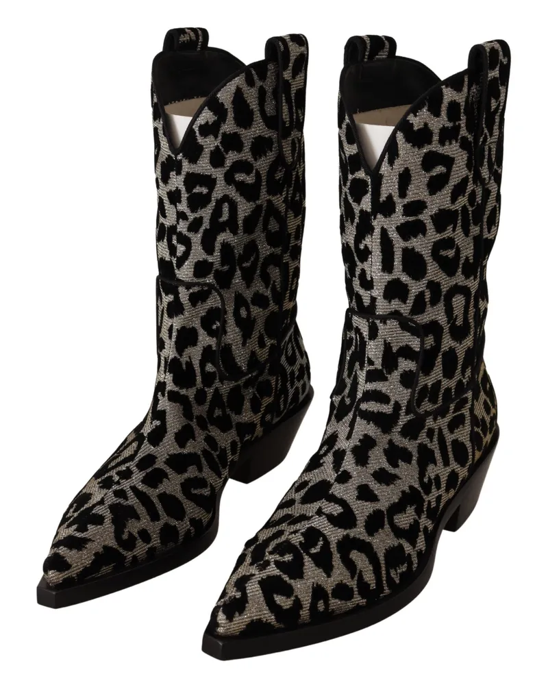 Dolce & Gabbana Women's Gray Black Leopard Cowboy Boots Shoes Black