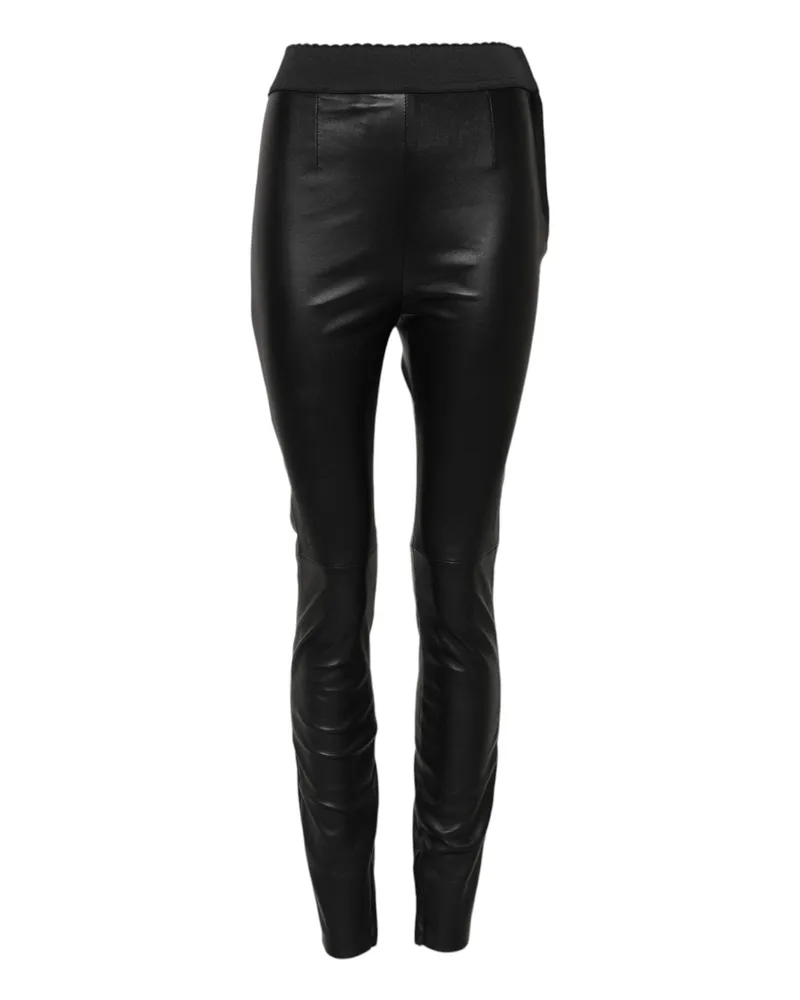 Dolce & Gabbana Women Black Leather Elastic Waist Pants Lambskin Black