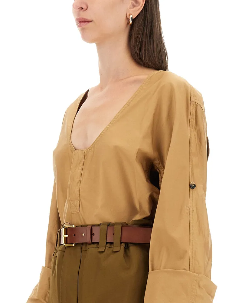 Saint Laurent Henley Blouse — Beige Beige