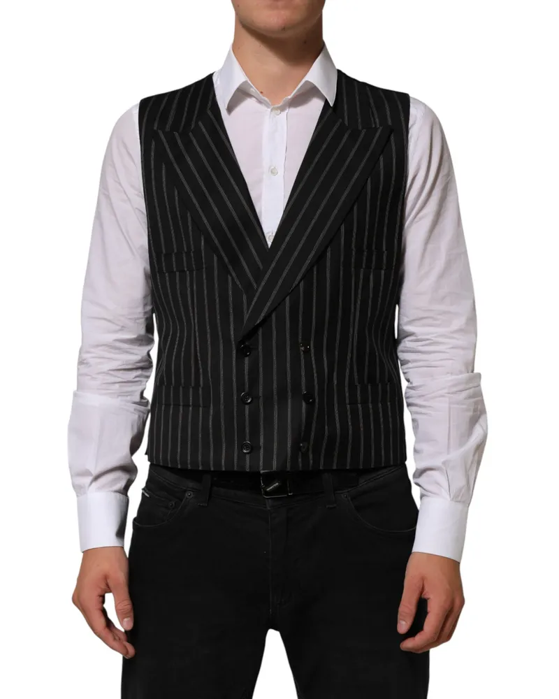 Dolce & Gabbana Black Stripes Wool Dress Men Waistcoat Vest Co+wo Black