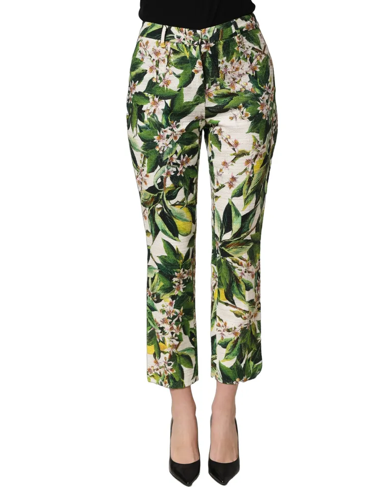 Dolce & Gabbana Women's White Floral Print Cropped Straight Pants Cotton Viscose Elastane White