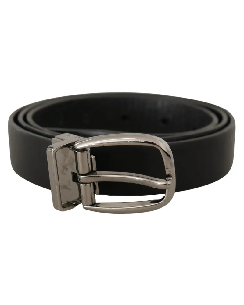 Dolce & Gabbana Leather Chrome Logo Metal Buckle Belt — Black Black
